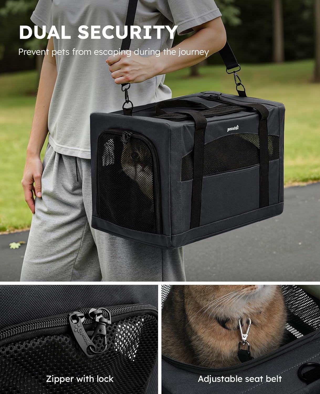 Pecute Cat Carrier Dog Carrier with Stable Structure, Breathable Mesh Fabric Pet Carrier for for Small Cats Dogs Puppies up to 5KG,Soft-Sided Dog Carrier Suitable for Both Long and Short Trips,Gray