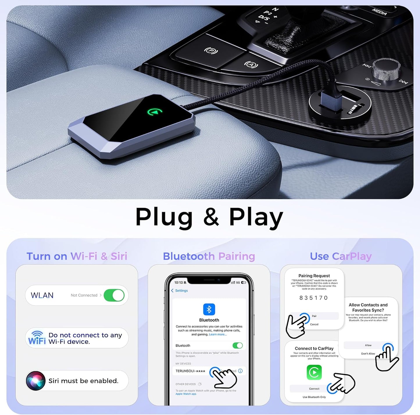 Wireless CarPlay Adapter, Convert Factory Wired to Wireless for iPhone, Plug & Play No Delay Mini, More Stable Supports Voice Assistant, Compatible with Cars with OEM Wired CarPlay & iOS 10+