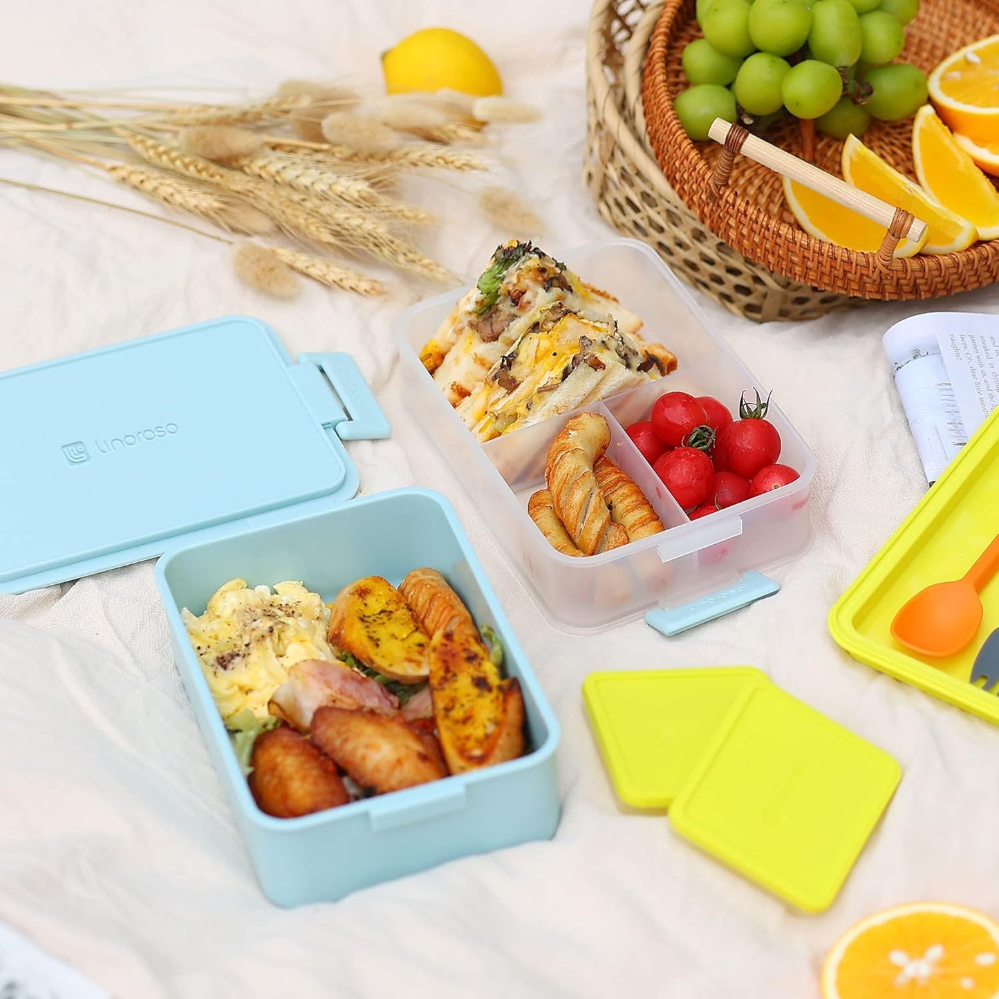 Linoroso Stackable Bento Box Adult Lunch Box | Meet All You On-The-Go Needs for Food, Salad and Snack Box, Premium Bento Lunch Box for Adults Include Utensil Set, Dressing Containers - Pale Mint