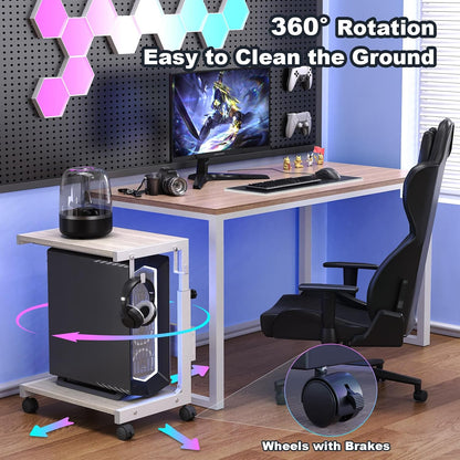 Height Adjustable Computer Tower Stand with Charge Station and USB Charging Port, 2-Tier ATX-Case Cart, Under Desk Mobile PC Stand, CPU Holder Cart with Locking Caster Wheels for Fits Most PC