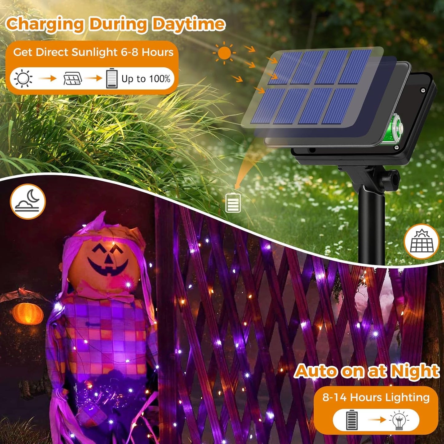 btfarm 2 Pack Solar Halloween Lights, Total 300LED 110FT Orange Purple Solar String Lights Outdoor Waterproof, 8 Modes Fairy Twinkle Lights Outdoor for Tree Yard Garden Party Halloween Decorations