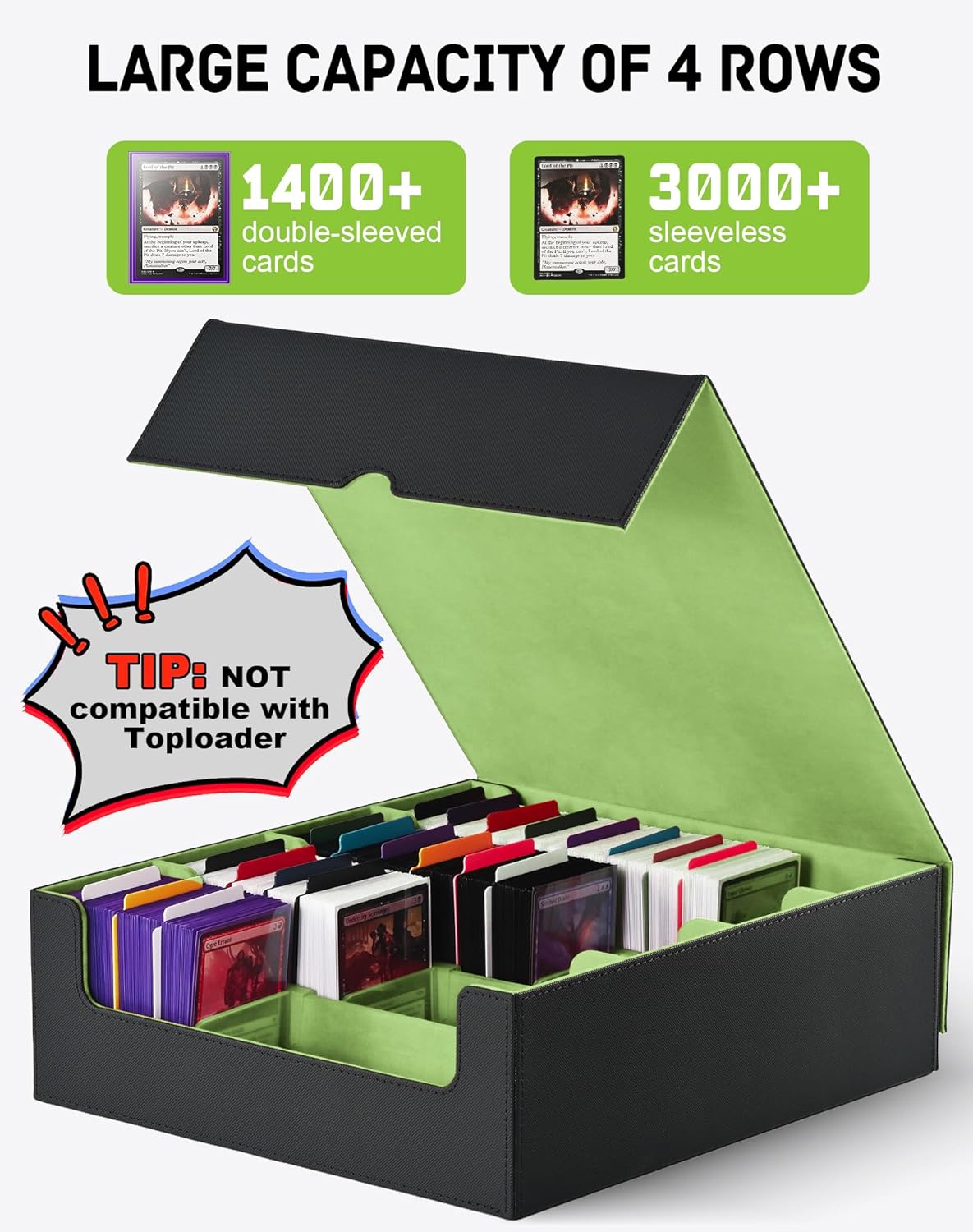 ZLCA Card Storage Box for MTG PTCG, Commander Deck Box Holds 3000+ Cards, Card Storage Case with 4 Stoppers, Card Organizer for TCG Sport Cards (Black)