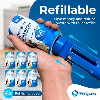 PetLovers Extra Sticky Lint Roller Mega Value Set for Pet Hair Removal, Dog and Cat Lint Remover (1 Pack Reusable)