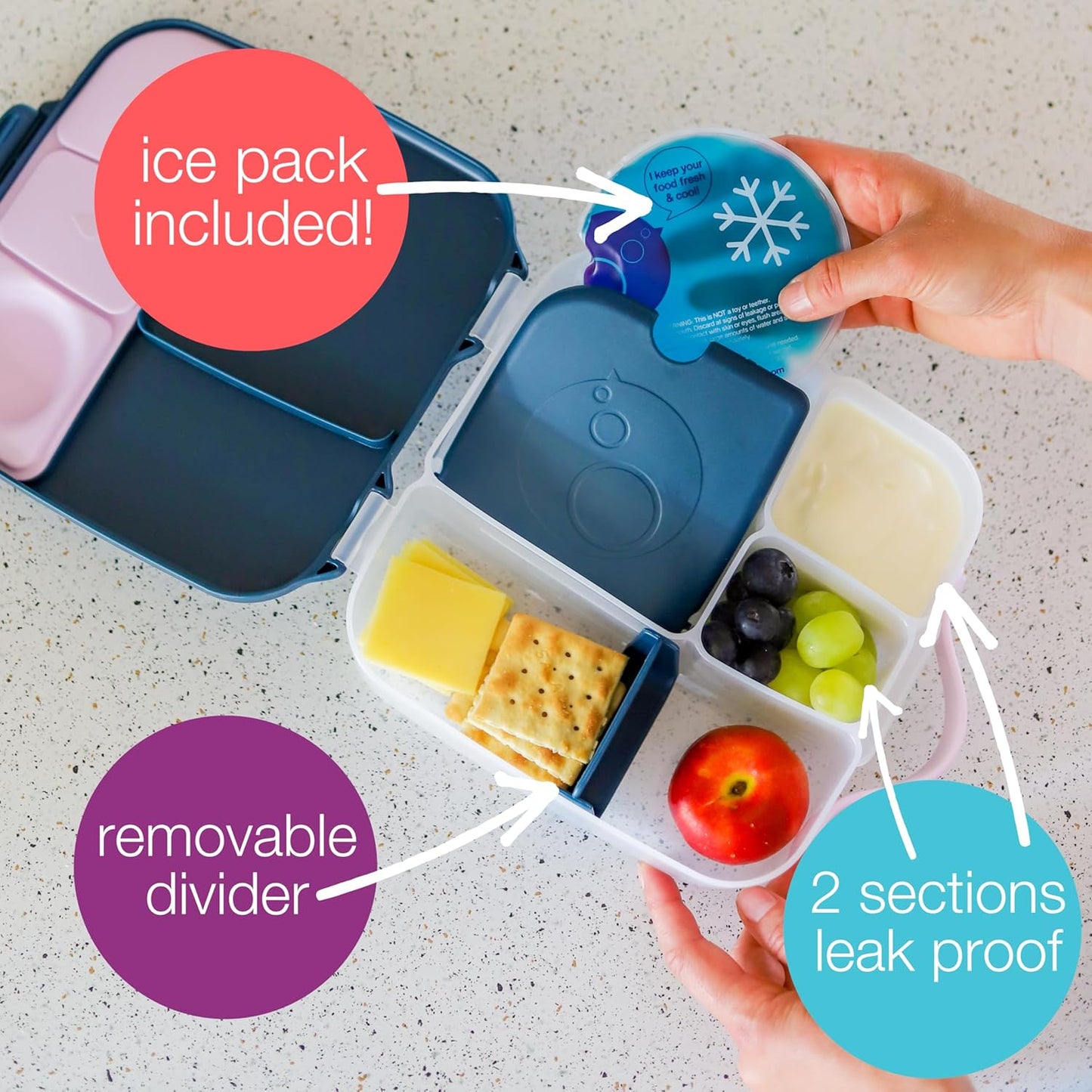 b.box 5-Compartment bento Style Lunch Box for Kids, Toddlers, Childrens, BPA-Free Food Storage Container with Cooler Pack, ON-The-GO Food Box with Handles Included Custom Divider, Lemon Twist