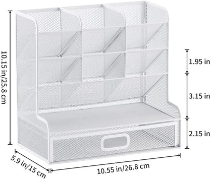 Marbrasse Mesh Desk Organizer, Multi-Functional Pen Holder, Pen Organizer for desk, Desktop Stationary Organizer, Storage Rack for School Home Office Art Supplies (White Mesh Pen Holder with Drawer)