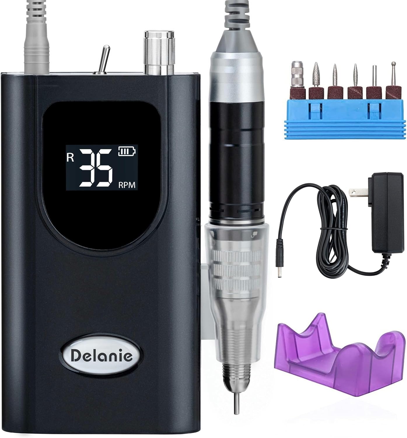 Delanie Professional Nail Drill High Torque 35000 RPM Rechargeable Portable Electric Nail File for Acrylic & Gel, High Speed, Low Heat, Low Vibration, Rose Gold