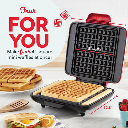 DASH No-Drip Waffle Maker - Four Waffle Molds, Nonstick Waffle Iron with Quick Heat-Up, Nonstick Surface - Perfect Waffle Maker for Kids and Families, Just Add Batter