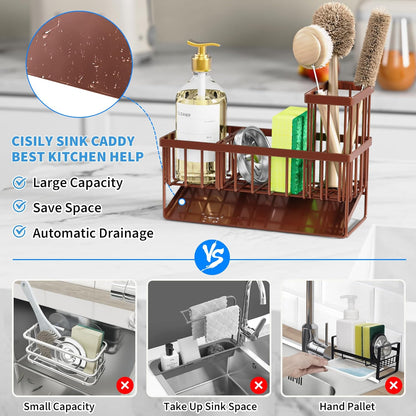 Cisily Kitchen Sink Caddy Organzier with High Brush Holder, Sponge Holder for Sink, 304 Rustproof Stainless, Kitchen Countertop Soap Dispenser Organizer, Kitchen Decor and Accessories (Black)