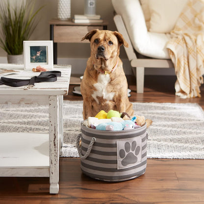 DII Bone Dry RoundSmall Pet Toy and Accessory Storage Bin, 12"(Dia) x9(H), Collapsible Organizer Storage Basket for Home Decor, Pet Toy, Blankets, Leashes and Food-Gray Stripes