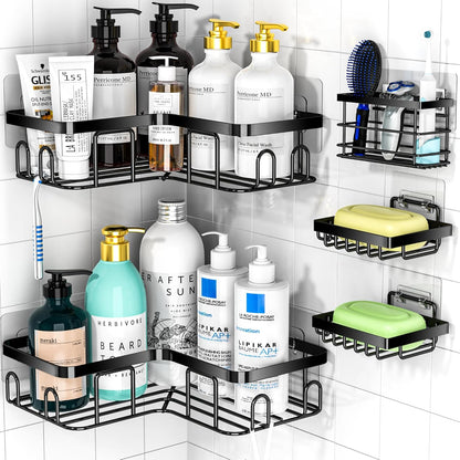 MOFOROCO 3-Pack Shower Caddy Corner Basket Shelf with Soap Holder, No Drilling Traceless Adhesive Shower Wall Shelves, Black Bathroom Shower Storage Organizer（ for 90-Degree Right-Angle Walls）