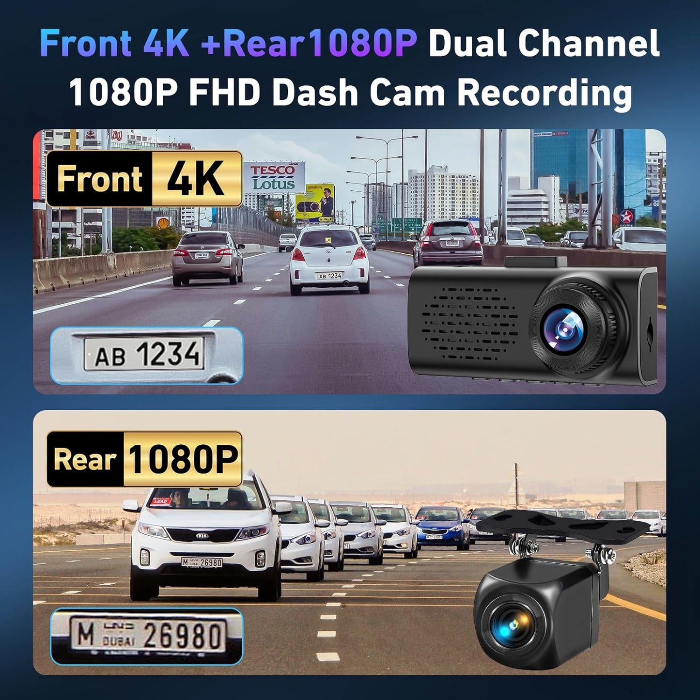 4K Dash Cam Front and Rear, 4k+1080p Dashcam for Car Built in GPS,5GHz WiFi, 64GB Card, Loop Recording Dash Cam w/Parking Monitor, Car Dash Cam Built-in Night Vision, App Control, WDR, G-Sensor