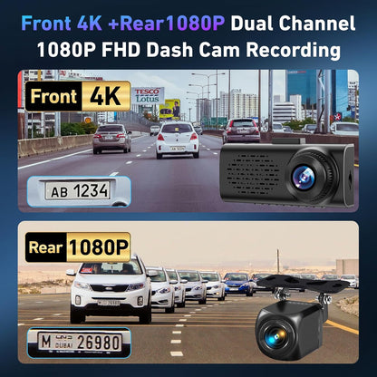 4K Dash Cam Front and Rear, 4k+1080p Dashcam for Car Built in GPS,5GHz WiFi, 64GB Card, Loop Recording Dash Cam w/Parking Monitor, Car Dash Cam Built-in Night Vision, App Control, WDR, G-Sensor