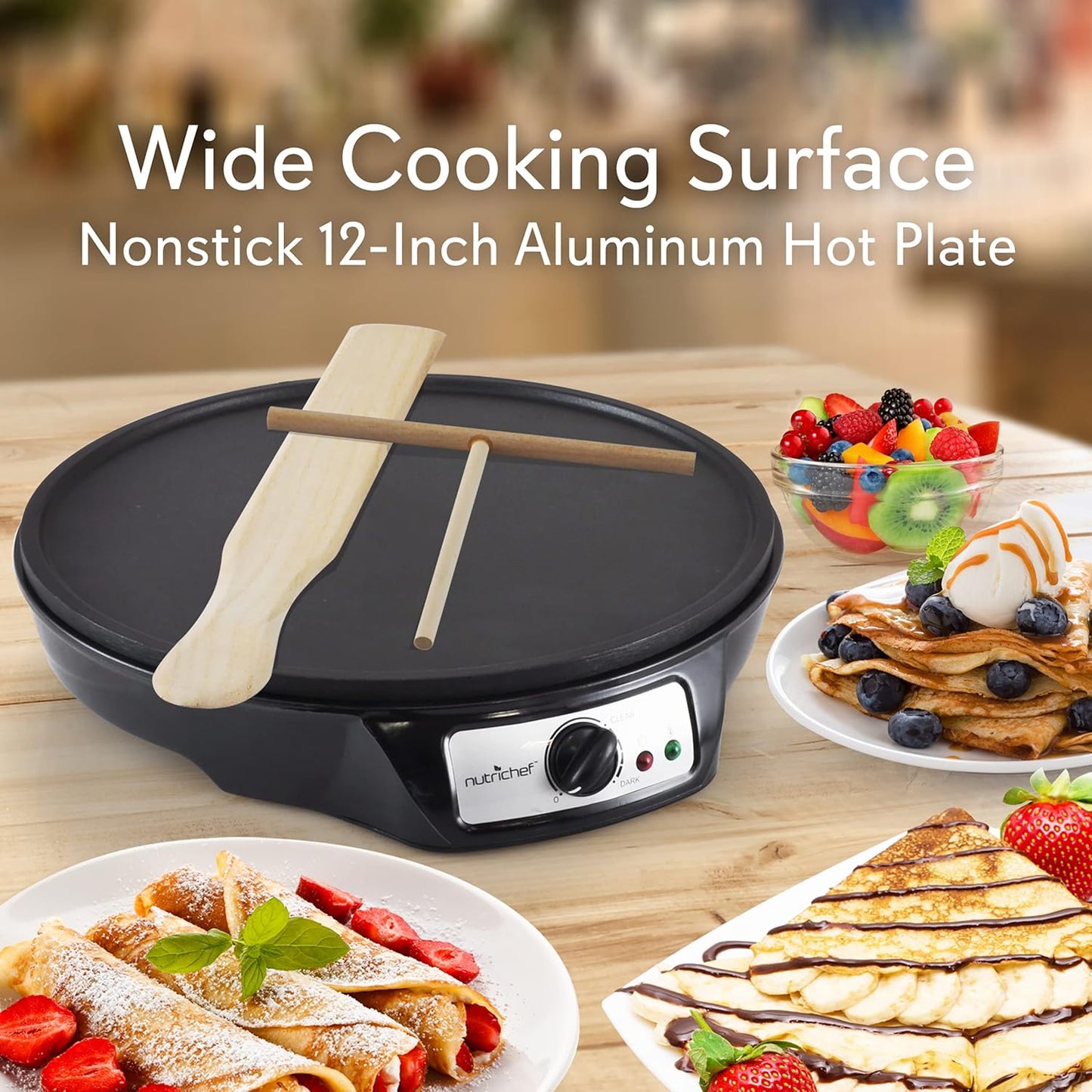 NutriChef Electric Crepe Maker, Cooks Roti, Tortillas, Pancakes, Nonstick Cooktop, 8-inch Cook Area On/Off Switch, Automatic Temperature Control & Cool Touch Handle, Includes Food Bowl, Whisk, Spatula