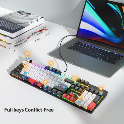 Fogruaden Full Size Mechanical Keyboard, Green Matcha Keyboard, Wired USB 104 Keys RGB Backlit Gaming Keyboard with Number Pad, Red Switches, NKRO Mechanical Keyboard for Windows Laptop PC Gamer