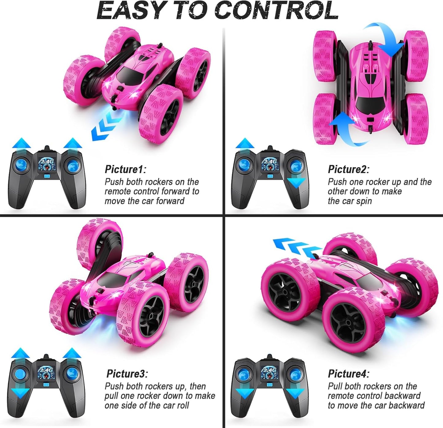 QUNREDA Remote Control Car for Kids Ages 6+, RC Cars Stunt Car Toy 4WD Double Sided 360° Rotating Remote Control with Headlights, Birthday Xmas Gifts for Boys 6 7 8 9 10 11 12 1-Blue