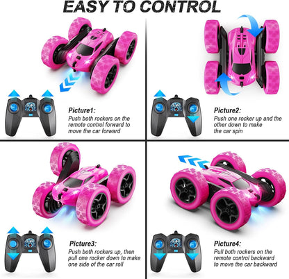 QUNREDA Remote Control Car for Kids Ages 6+, RC Cars Stunt Car Toy 4WD Double Sided 360° Rotating Remote Control with Headlights, Birthday Xmas Gifts for Boys 6 7 8 9 10 11 12 1-Blue