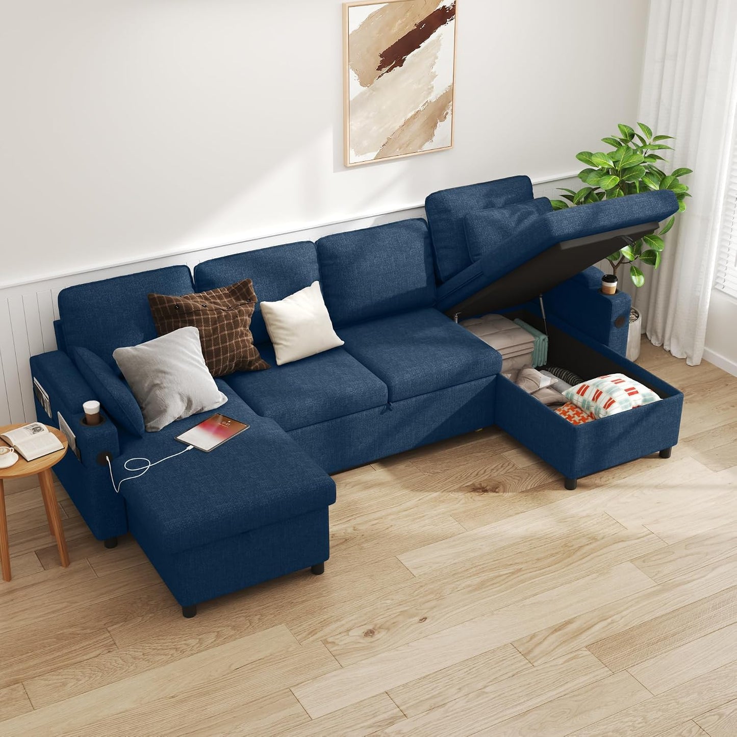 DURASPACE Sofa Bed Sleeper Pull Out 2 in 1 Sectional Sleeper Sofa Couches with Storage,USB, Cup Holder,Pullout Sectional Couches for Apartment Living Room (Dark Gray Linen)