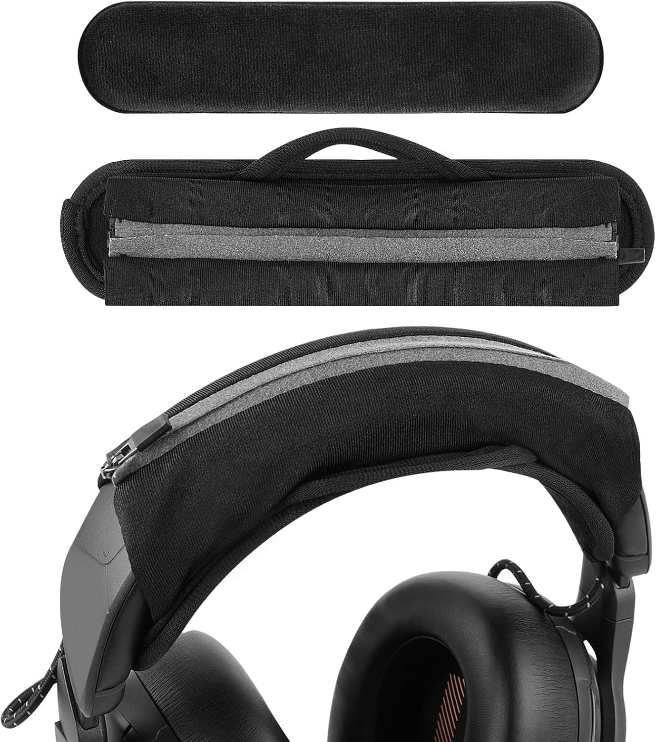 Geekria Hook and Loop Headband Cover + Pad Set, Protector with Zipper Closure Compatible with Medium Sized Headphones, Easy DIY Installation (Protein Leather/Black)