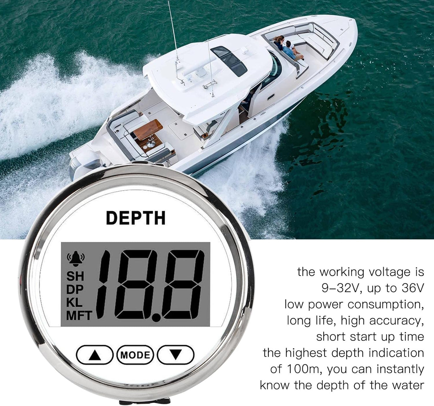 Depth Transducer, fish finders Depth Sounder Waterproof Dash Depth Finder Transducer with White Backlight for Yachts Boats