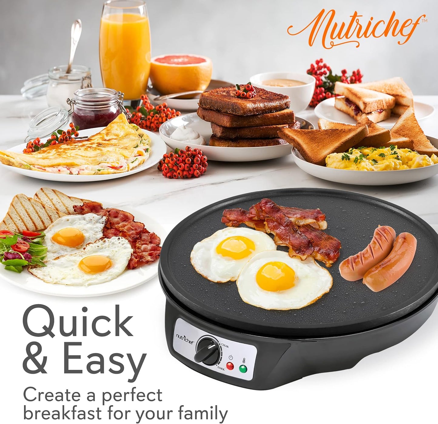 NutriChef Electric Crepe Maker, Cooks Roti, Tortillas, Pancakes, Nonstick Cooktop, 8-inch Cook Area On/Off Switch, Automatic Temperature Control & Cool Touch Handle, Includes Food Bowl, Whisk, Spatula