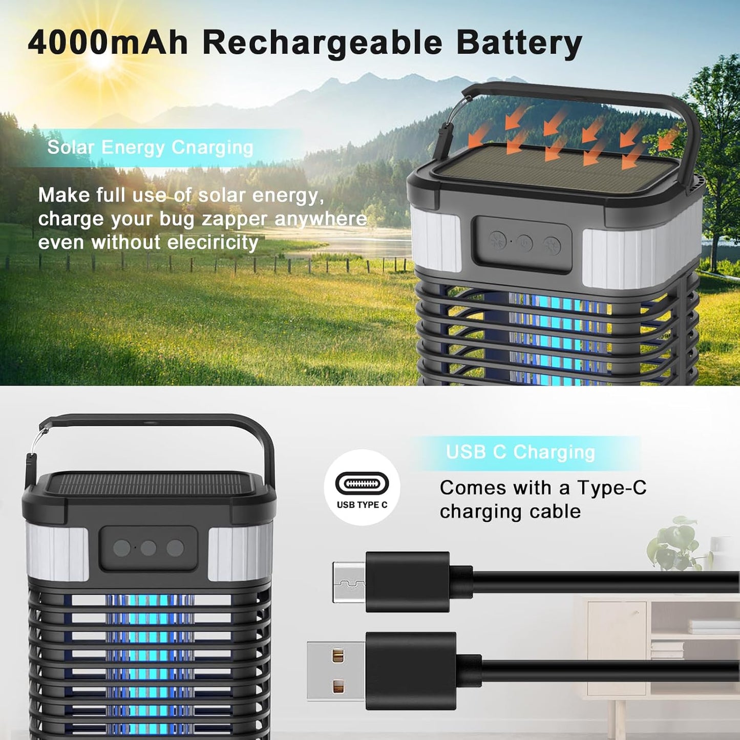 Mosquito Zapper, Solar Bug Zapper 4200V Cordless & Rechargeable Bug Zapper Outdoor with LED Light, Portable Waterproof Electric Fly Zapper with Hook, for Patio Camping Backyard Garden