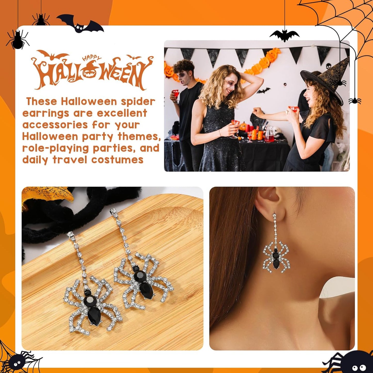 Spider Dangle Earrings for Women, Halloween Gothic Horror Jewelry, Spider Web Drop Earrings for Costume Party, Cosplay, Witch, Vampire Accessories