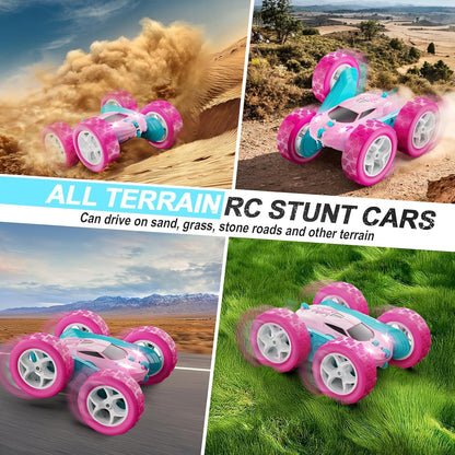 QUNREDA Remote Control Car for Kids Ages 6+, RC Cars Stunt Car Toy 4WD Double Sided 360° Rotating Remote Control with Headlights, Birthday Xmas Gifts for Boys 6 7 8 9 10 11 12 1-Blue