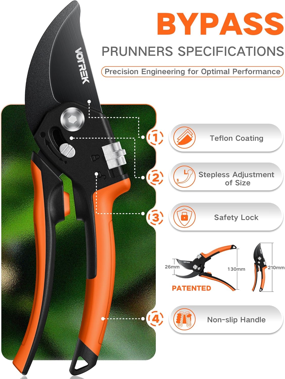VOTREK Pruning Shears - 8.5" Heavy Duty Bypass Pruners for Gardening with Built-in Spring & SK5 Steel Blades - Ergonomic Adjustable Handle for All Hand Sizes, Garden Clipper Plant Scissors for Branch