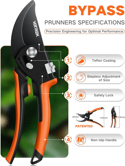 VOTREK Pruning Shears - 8.5" Heavy Duty Bypass Pruners for Gardening with Built-in Spring & SK5 Steel Blades - Ergonomic Adjustable Handle for All Hand Sizes, Garden Clipper Plant Scissors for Branch
