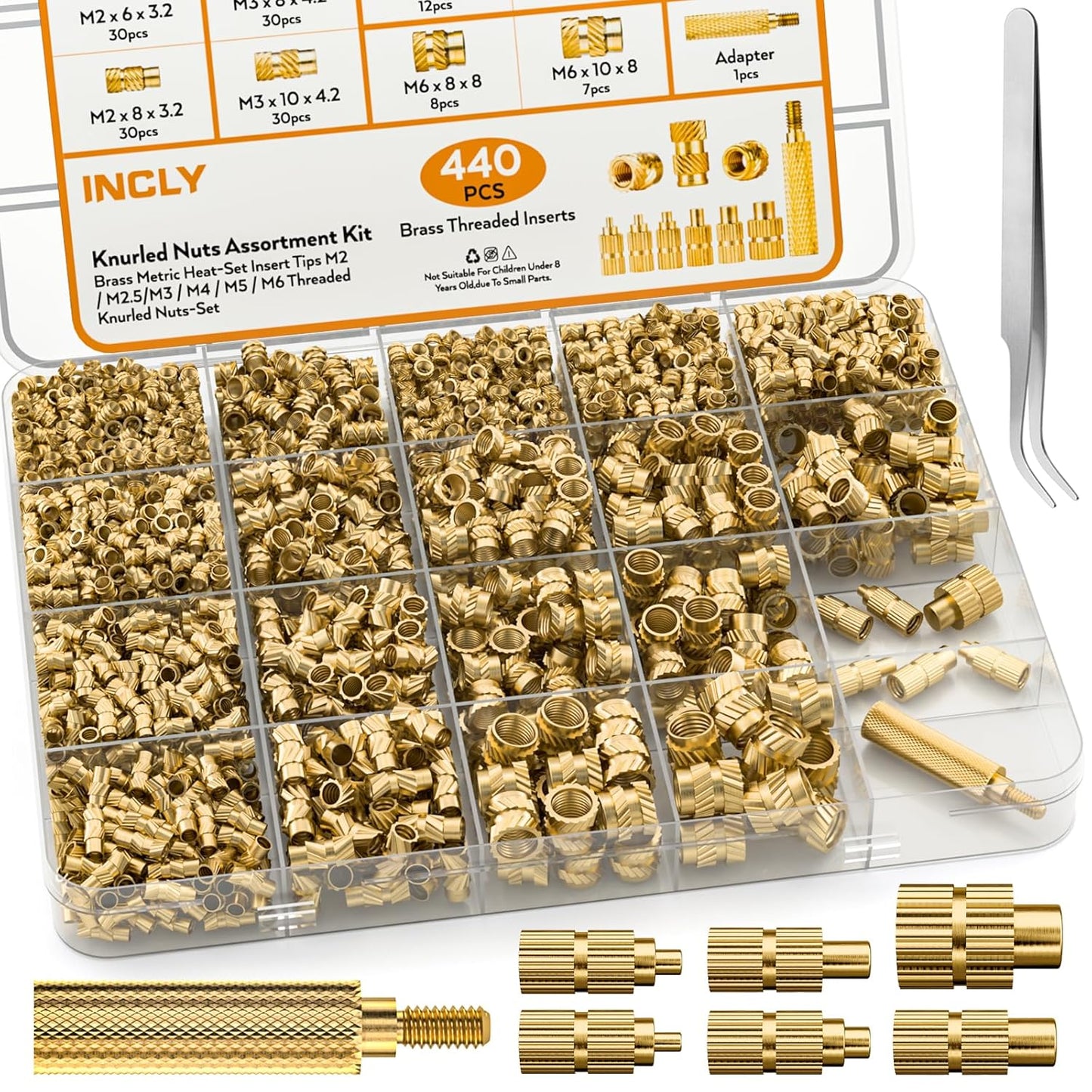 INCLY 440PCS Threaded Inserts M2 M2.5 M3 M4 M5 M6 Brass Heat Set Inserts for Plastic Parts Metric Knurled Nuts Assortment Kit for 3D Printing Components Injection Molding