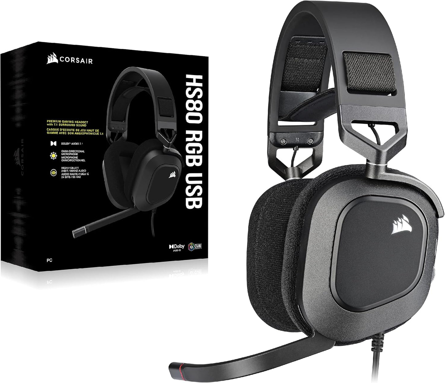 Corsair HS80 RGB USB Premium Gaming Headset with Dolby Audio 7.1 Surround Sound (Broadcast-Grade Omni-Directional Microphone, Memory Foam Earpads, High-Fidelity Sound, Durable Construction) Carbon
