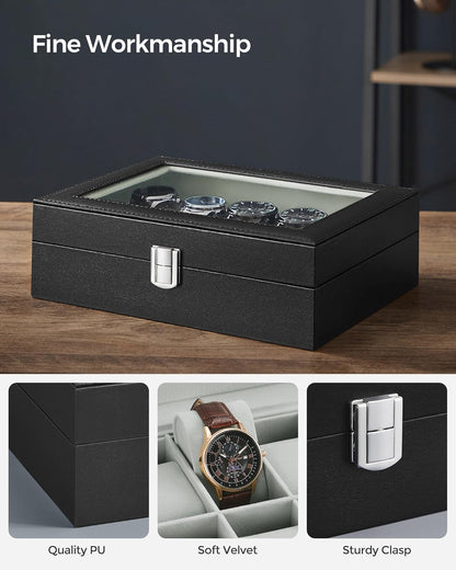 SONGMICS Watch Box, 6-Slot Watch Case, Watch Box Organizer, Black Synthetic Leather, Greenish Gray Lining UJWB06BK