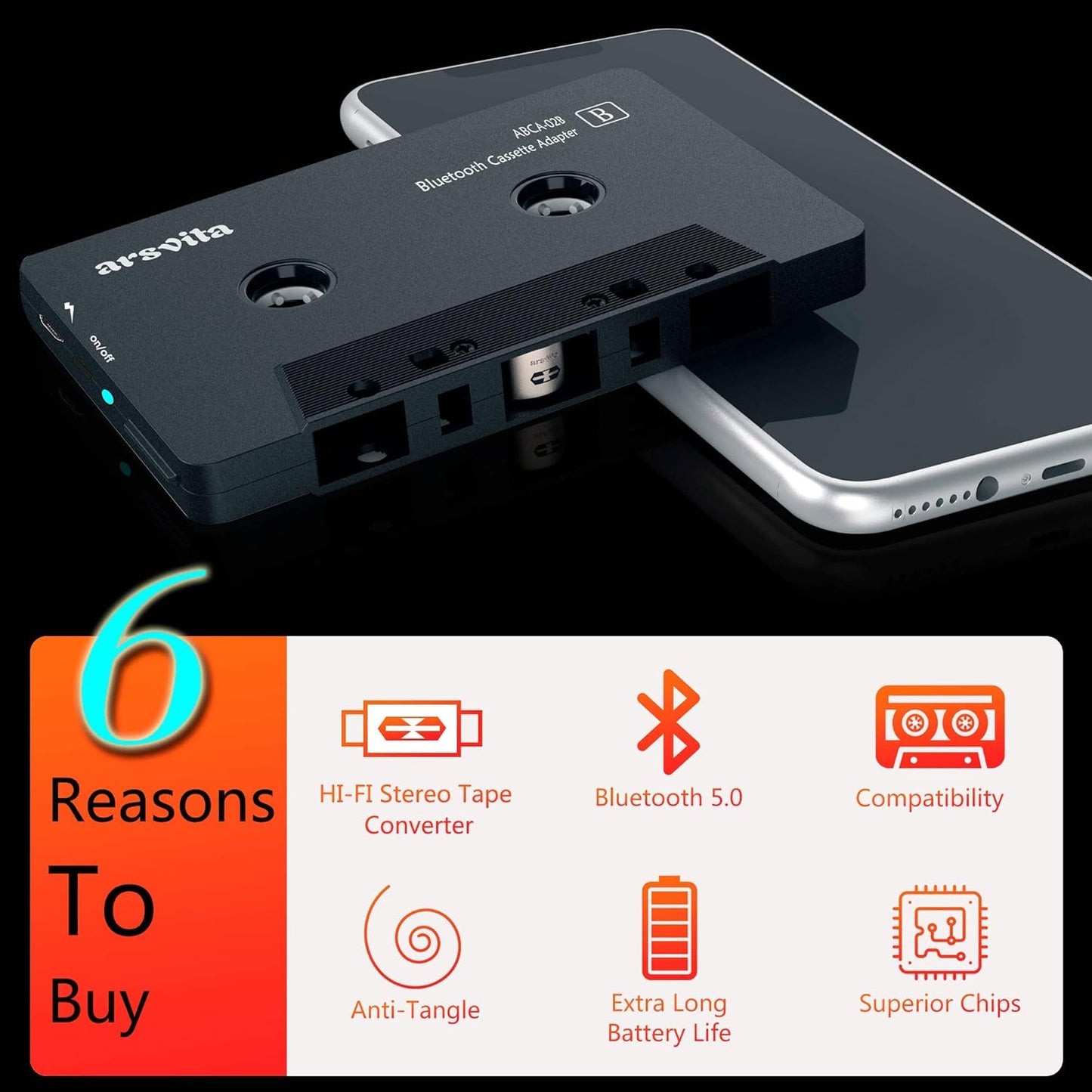 arsvita Car Audio Bluetooth Wireless Cassette Receiver, Tape Player Bluetooth 5.0 Cassette Aux Adapter, Black