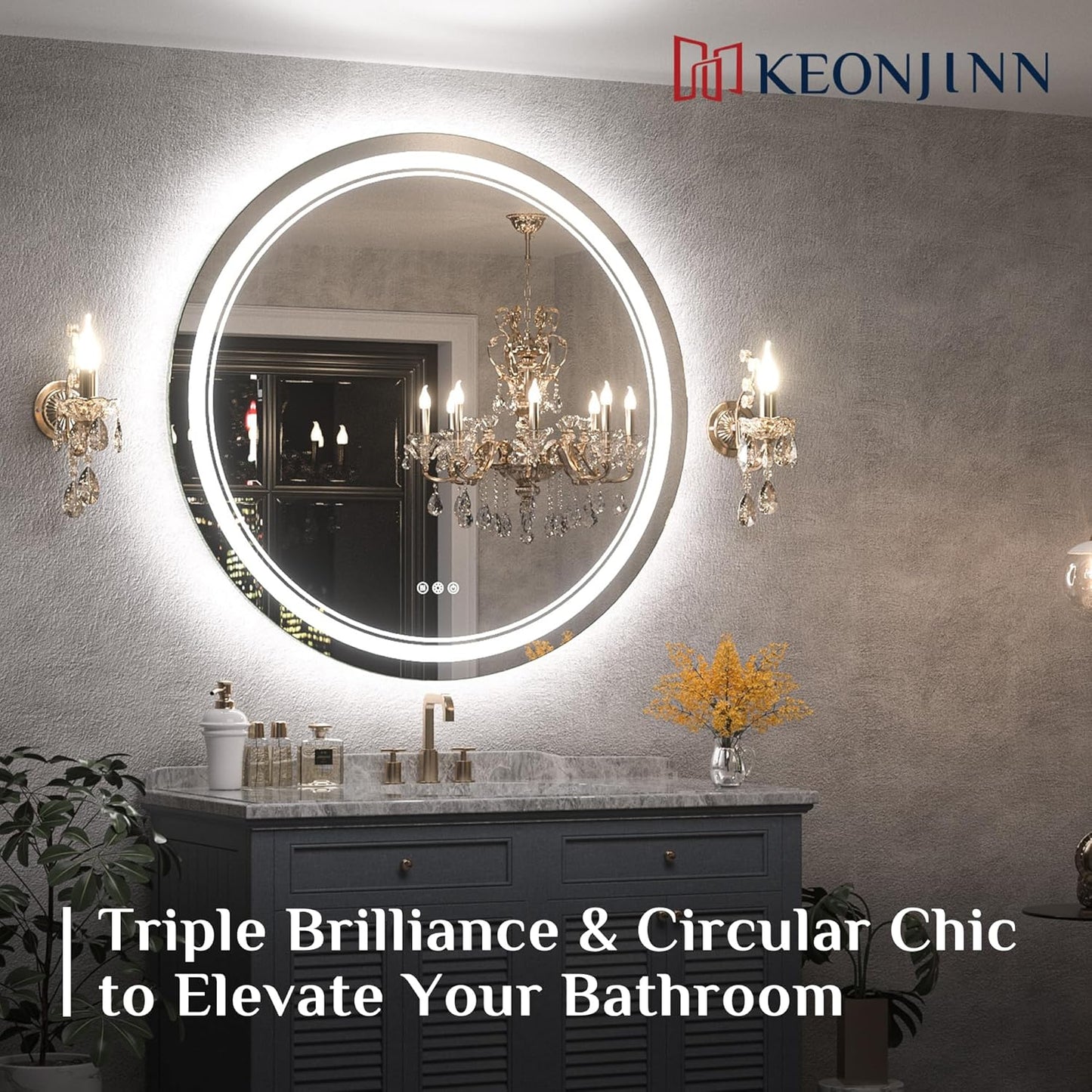 Keonjinn 40 x 32 Inch LED Bathroom Mirror with Acrylic, Backlit Mirror Anti-Fog, Lighted Bathroom Mirror for Wall, CRI90 High Definition Dimmable Large Makeup Mirror(Horizontal/Vertical)