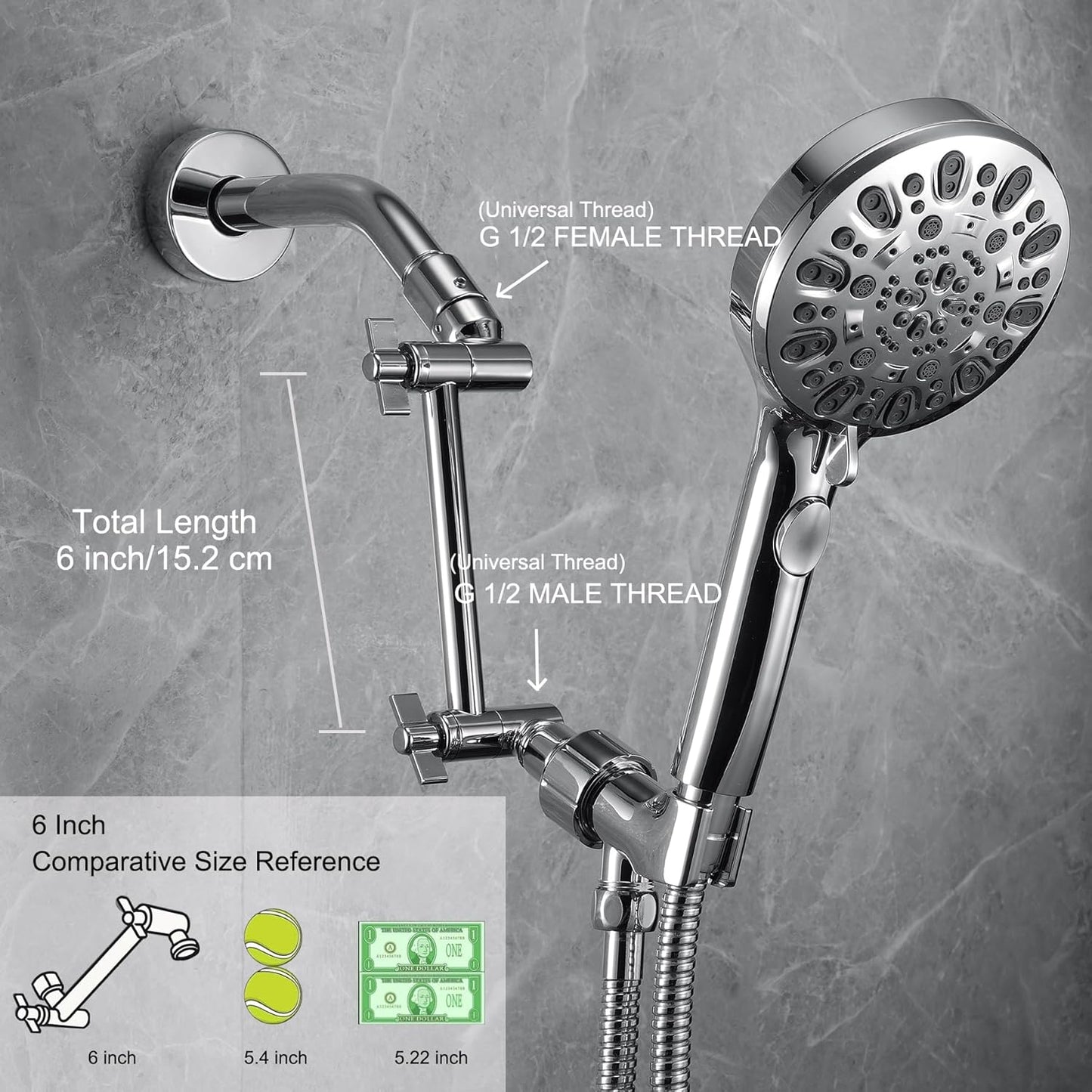 Shower Head Extension Arm, 6 Inch Adjustable Shower Arm Extender for Handheld/Fixed/Rain Shower Head, All Metal Showerhead Arm with G1/2 Universal Connector, Easy Installation, Brushed Nickel