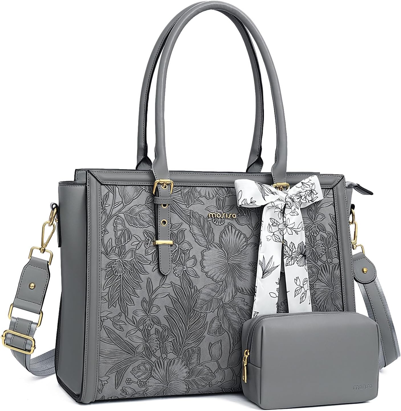 MOSISO Laptop Bag for Women, 17-17.3 inch PU Leathe Tote Bag Compatible with MacBook, HP, Dell, Asus Notebook, Front Embossed Retro Hibiscus Computer Bag with Silk Scarf&Clutch Purse, Gray - PuriLite