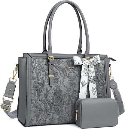 MOSISO Laptop Bag for Women, 17-17.3 inch PU Leathe Tote Bag Compatible with MacBook, HP, Dell, Asus Notebook, Front Embossed Retro Hibiscus Computer Bag with Silk Scarf&Clutch Purse, Gray - PuriLite