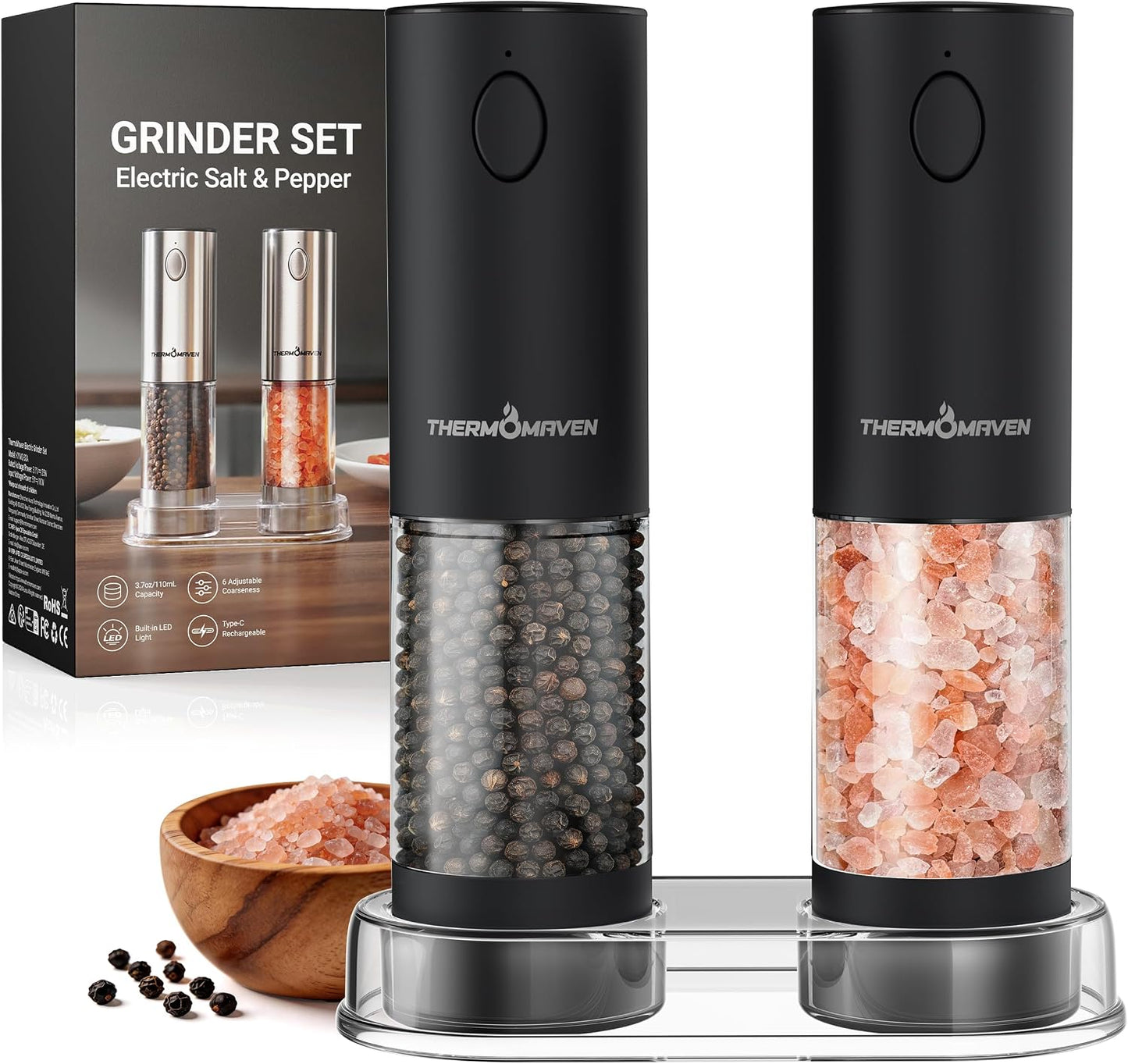 ThermoMaven Electric Salt and Pepper Grinder Set, 110ml Larger Rechargeable Automatic Salt and Pepper Mill Grinder with 6 Adjustable Coarseness, Electric Salt and Pepper Shakers, LED, 2 Packs, Silver