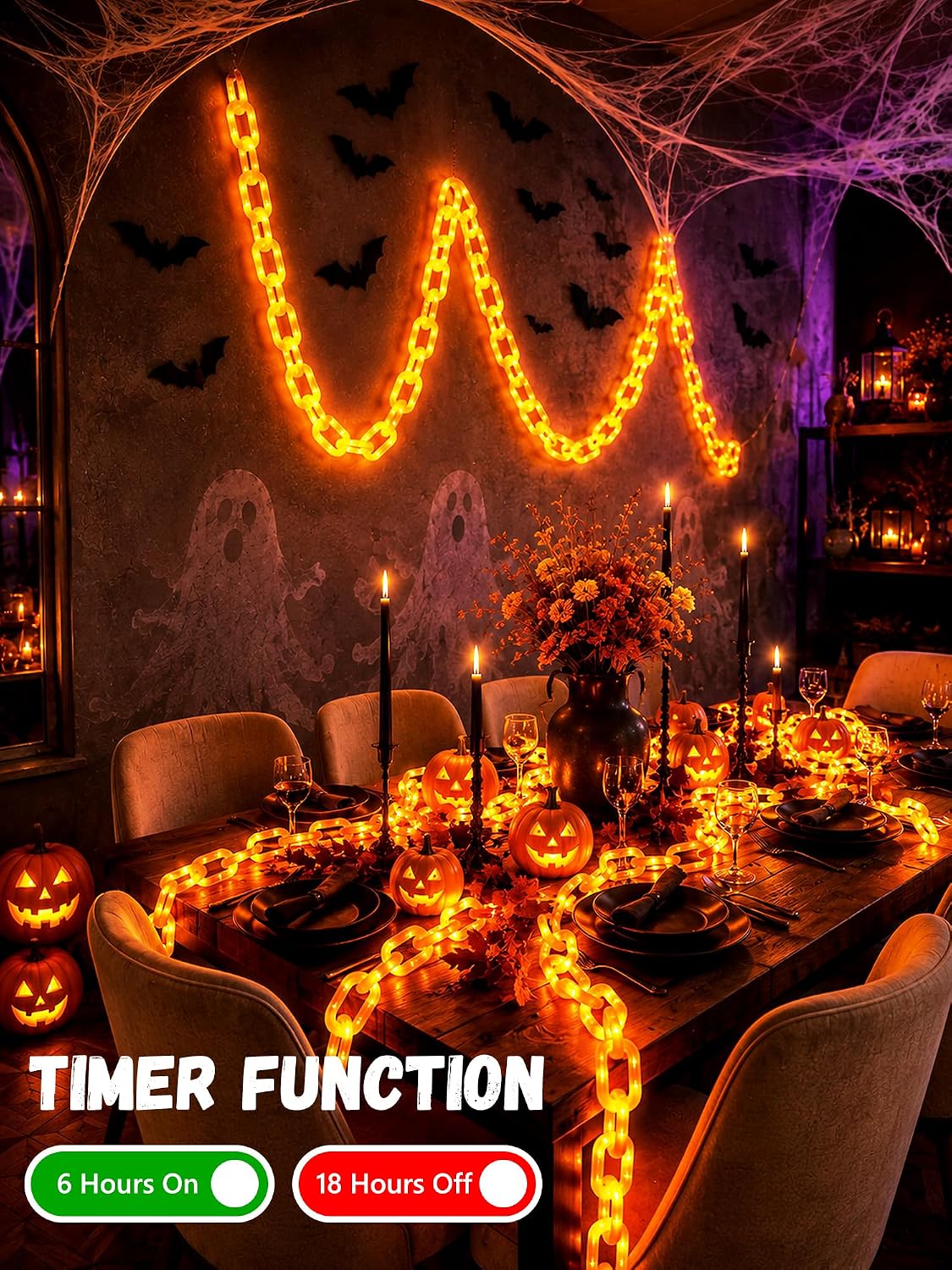 Battery Halloween Chain Lights 10 FT 160 LED Orange Light-Up Plastic Timer