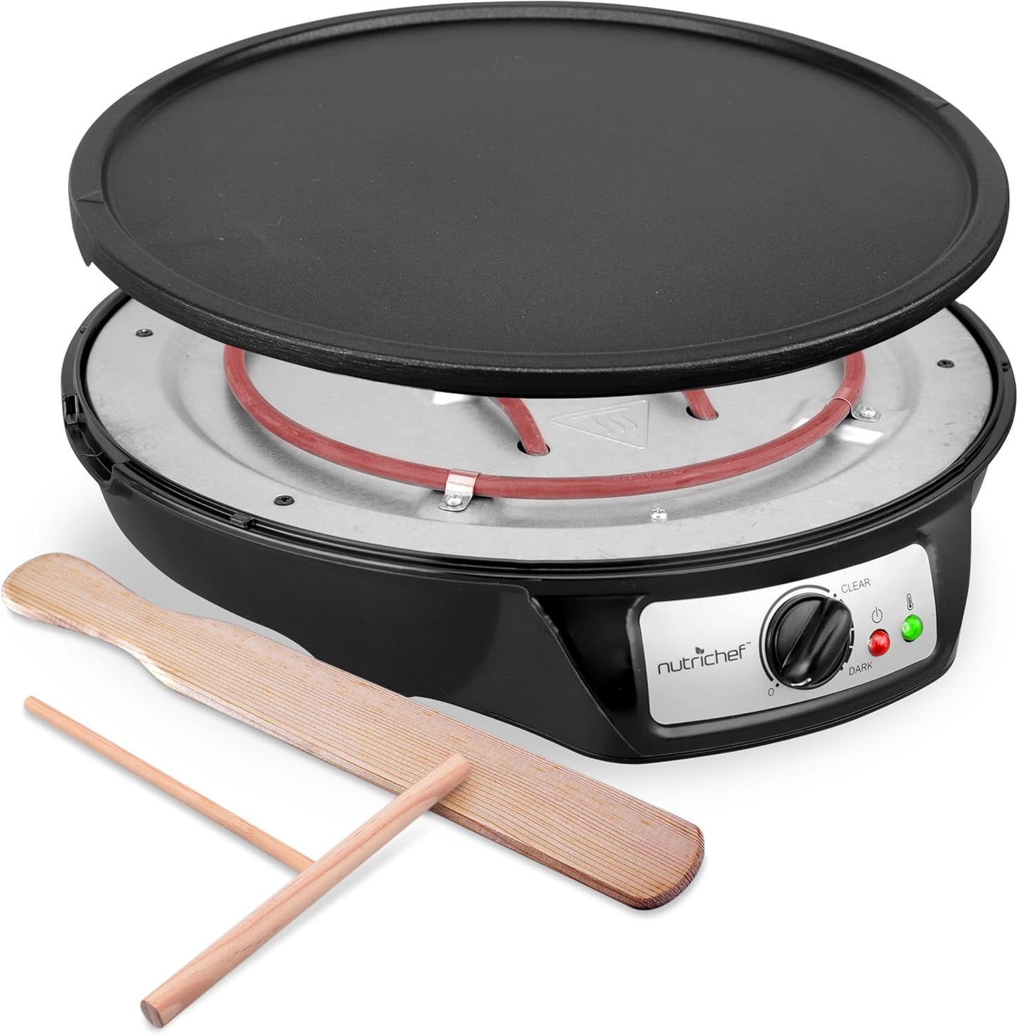 NutriChef Electric Crepe Maker, Cooks Roti, Tortillas, Pancakes, Nonstick Cooktop, 8-inch Cook Area On/Off Switch, Automatic Temperature Control & Cool Touch Handle, Includes Food Bowl, Whisk, Spatula