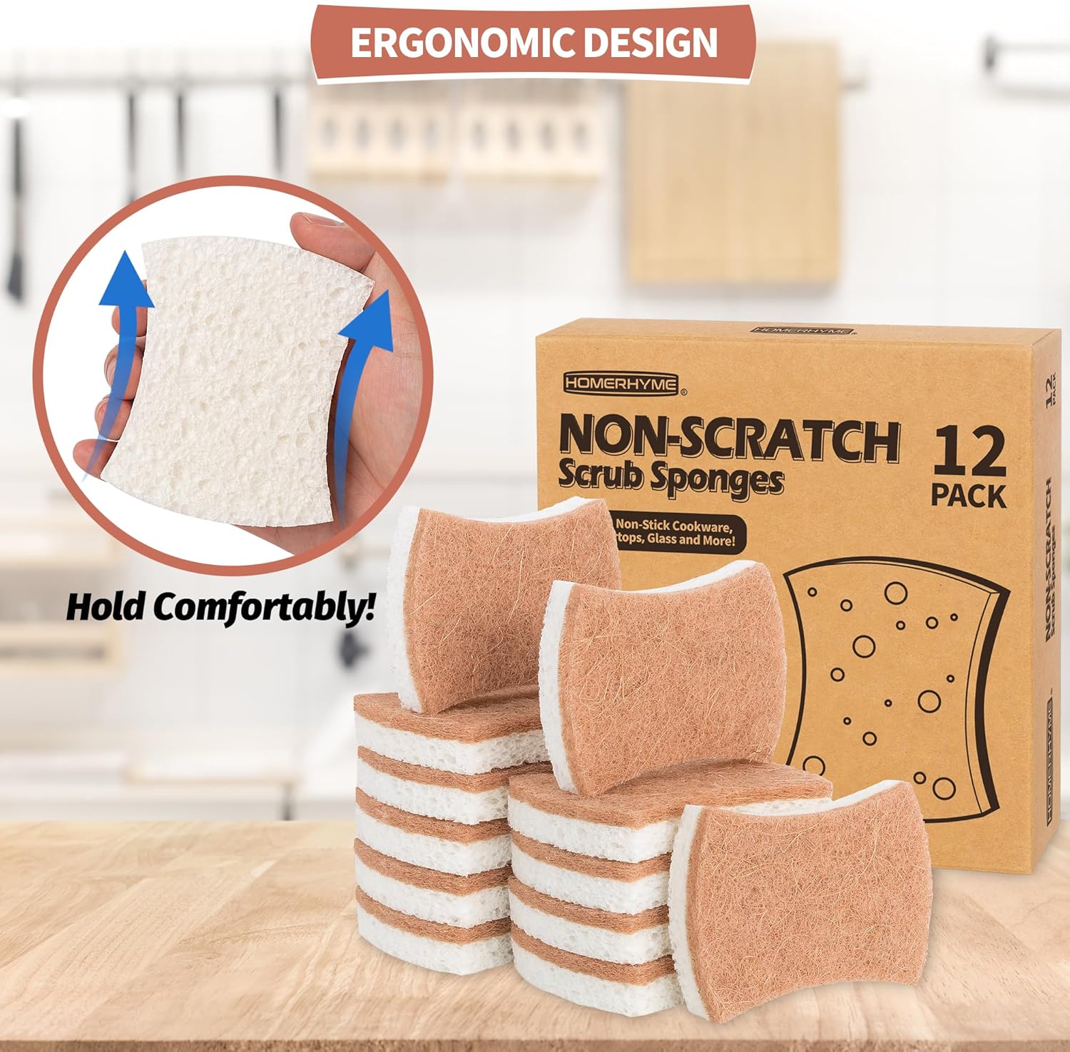HOMERHYME Natural Dish Sponge 12 Pack, Non-Scratch Eco-Friendly Multipurpose Kitchen Cellulose Sponge, Biodegradable Odor-Less Dual-Sided for Dish Washing & Household Cleaning - PuriLite