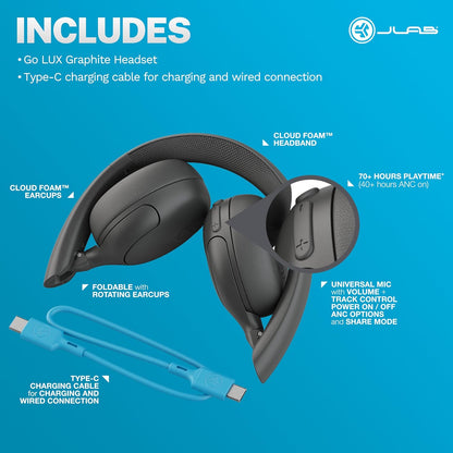 JLab Go Lux ANC Wireless Headphones, Cloud White, Hybrid Active Noise Cancelling, Premium On-Ear Bluetooth Headset, Customizable Sound, Be Aware Mode, Cloud Foam Comfort, Multipoint Connection