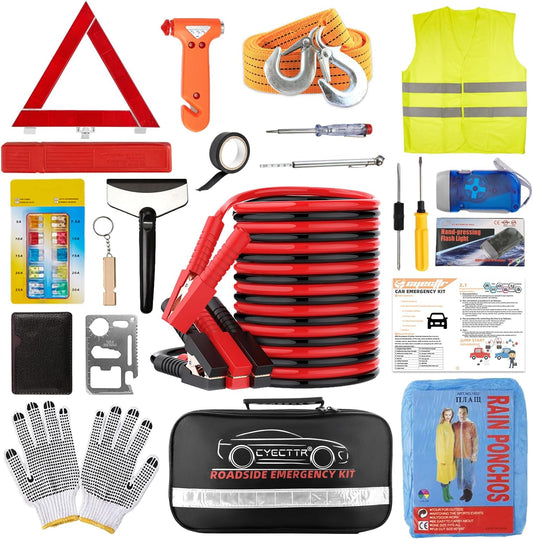Car Roadside Emergency Kit with Jumper Cables, Reflective Triangle, Tow Rope, Safety Hammer, Tire Gauge, Flashlight & More – Complete Auto Safety Survival Kit