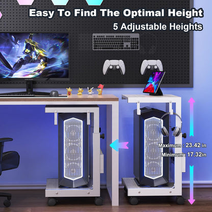 Height Adjustable Computer Tower Stand with Charge Station and USB Charging Port, 2-Tier ATX-Case Cart, Under Desk Mobile PC Stand, CPU Holder Cart with Locking Caster Wheels for Fits Most PC