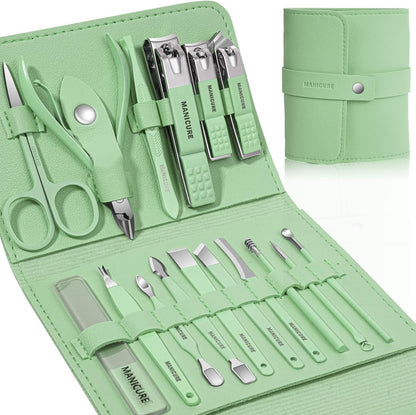 Manicure Set Professional Nail Clippers Pedicure Kit, 16 pcs Stainless Steel Nail Care Tools Grooming Kit with Luxurious Travel Leather Case for Thick Nails Men Women Gift (Black)