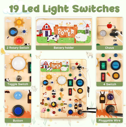 Joyreal Montessori Busy Board Wooden Sensory Toys for Toddler with LED Light Up Switch, Baby Fidget Board Travel Toys for 18+ Months, Boys Girls Birthday