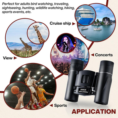 200x25 High Power Compact Binoculars with Clear Low Light Vision, Large Eyepiece Waterproof Binocular for Adults Kids, High Power Easy Focus Binoculars for Bird Watching, Outdoor, Hunting, Travel