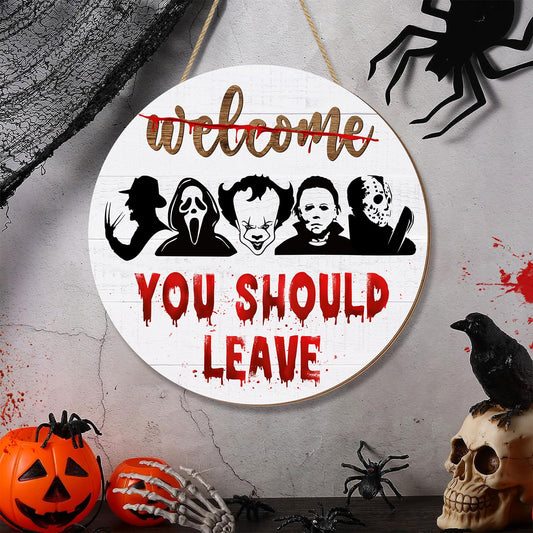 Halloween Killer Door Sign,"Welcome You Should Leave" Halloween Spooky Front Door Hanger, Rustic Horror Movie Bloody Wooden Wreath Wall Sign For Home Party Outdoor Yard Decor Farmhouse Decorations