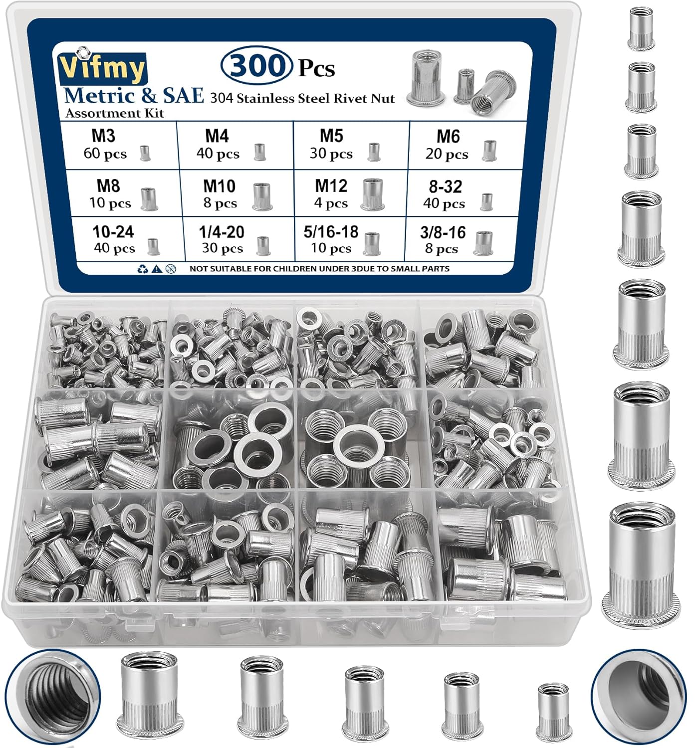 Vifmy Metric & SAE Rivet Nut Assortment Kit(420 Pcs),m3 m4 m5 m6 m8 m10 m12#6-32#8-32#10-24 1/4"-20 5/16"-18 3/8"-16 UNC Flat Head Rivnut Set,Zinc Plated Finish Carbon Steel Nutsert