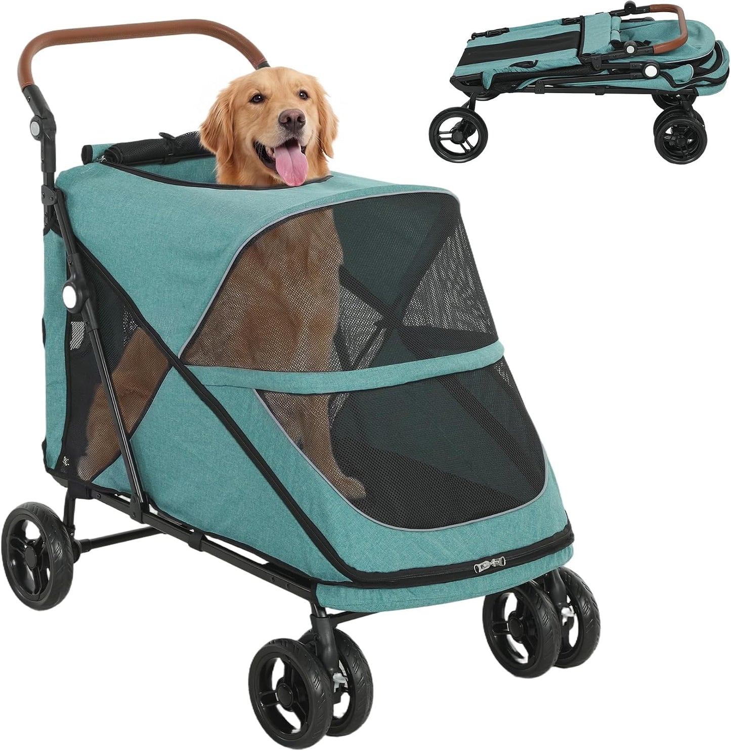 PawHut Dog Stroller for Large Dogs Up to 66 lbs Easy Fold Cart Turquoise | 4-Wheel Shock Absorption, One-Foot Brake, All Terrain Wagon Cart, Air Mesh